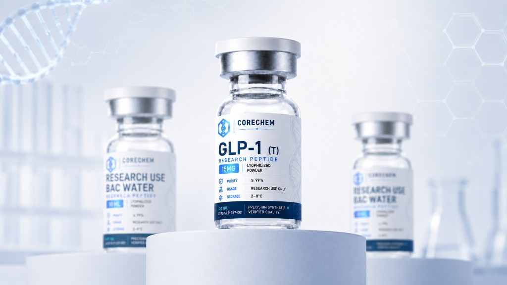 CoreChem Labs GLP-1 research peptide vials in a laboratory setting